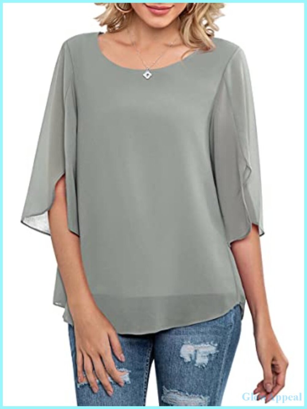 Chiffon Ruffle Sleeve Blouse 3/4 Sleeve Double-Layer Top